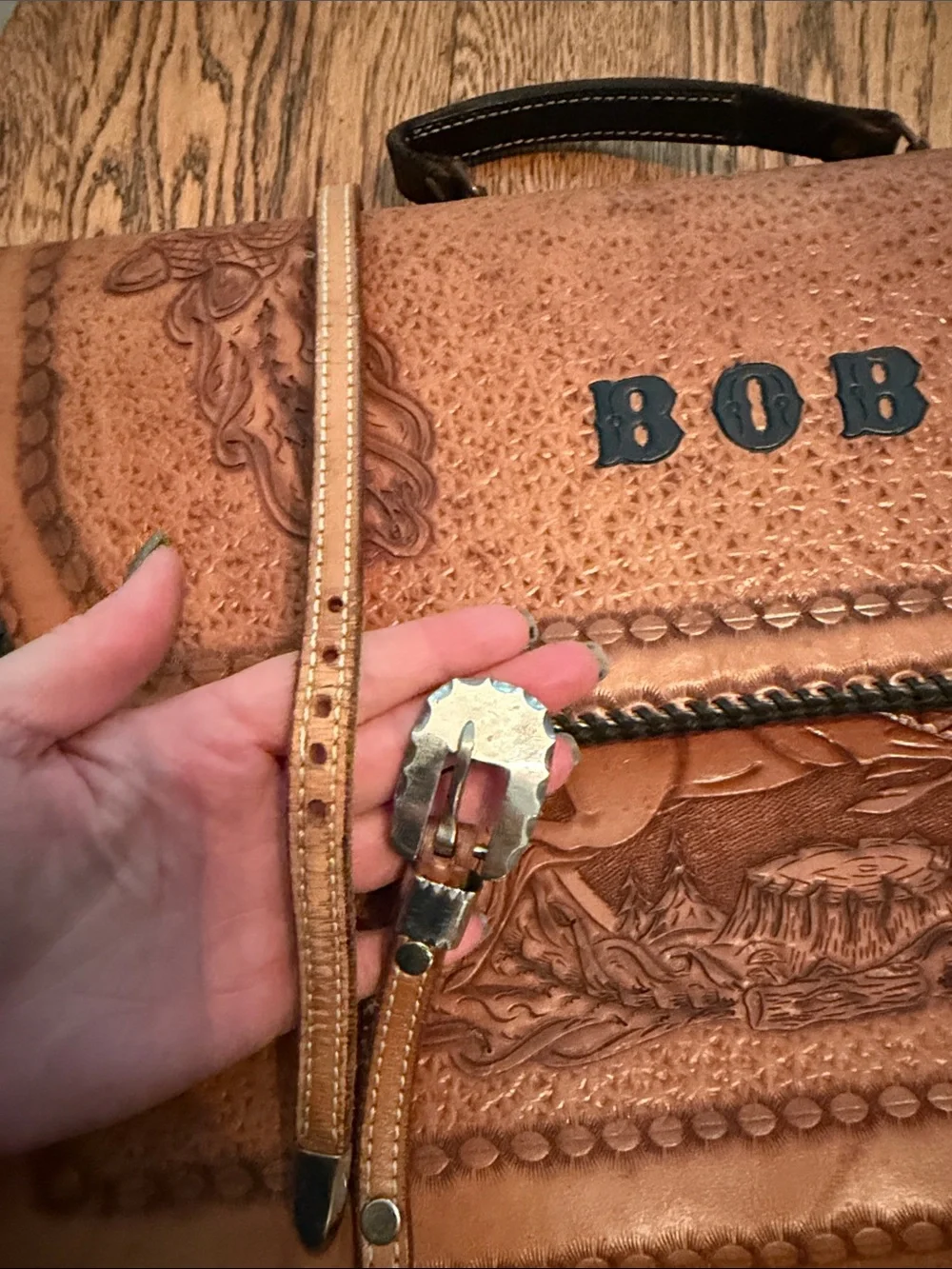 Tooled Leather Briefcase in Brown with Personalized Initials